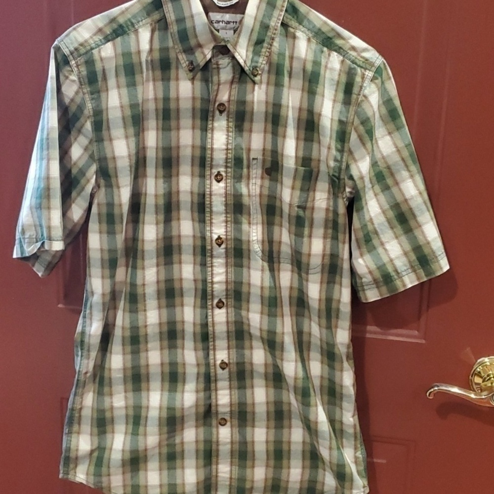 Carhartt green plaid SS button down shirt. Size small